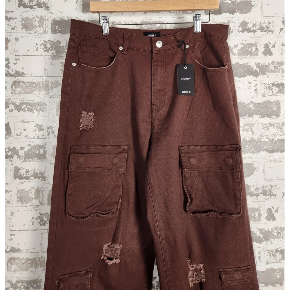 Forever 21 Cargo Pants Denim Dark Cocoa Straight Leg Distressed High Rise Casual